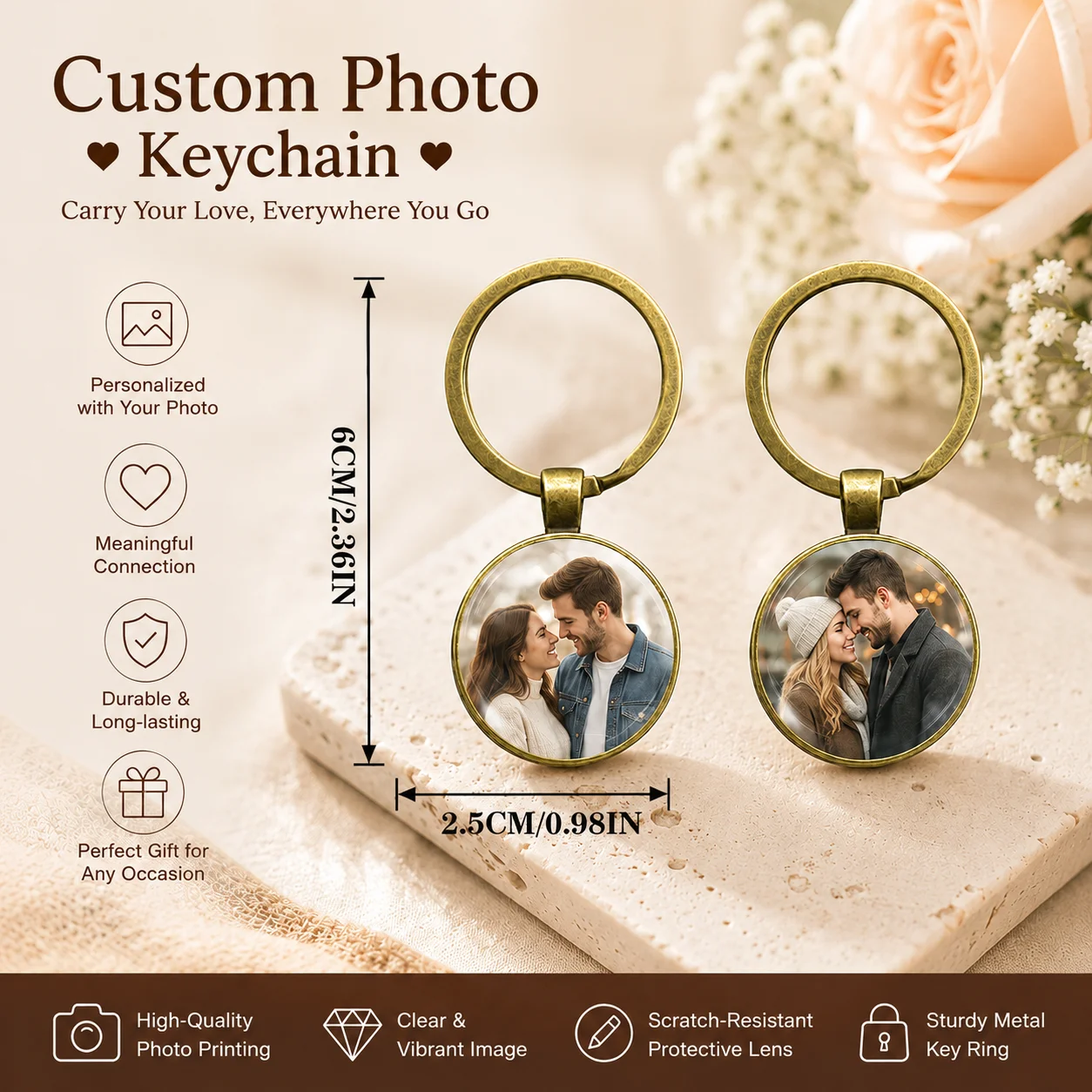 Custom Photo Keychain Personalized Couple Keychain Long Distance Relationship Gift with Picture for Anniversary Birthday Lovers