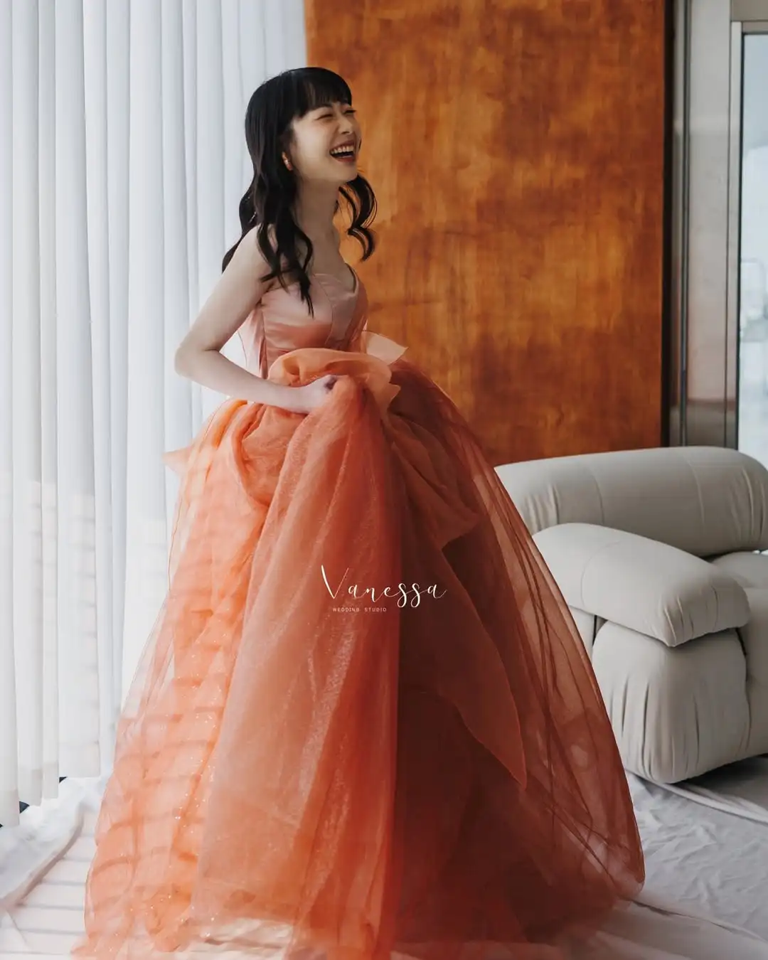 MD 2025 Fairy Orange Strapless Evening Dress Tulle Pleat Korea Photoshoot Floor Length Evening Gown Corset Customised 웨딩드레스