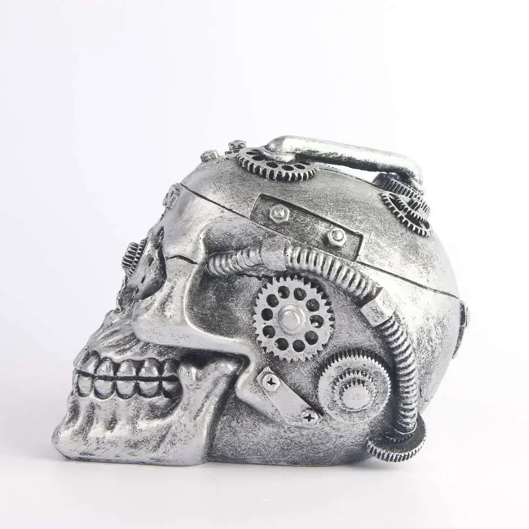 Silver Mechanical Gear Skull Statue Resin Craft Punk Style Home Decoration Sculpture Halloween Party Decor Ornaments Gifts
