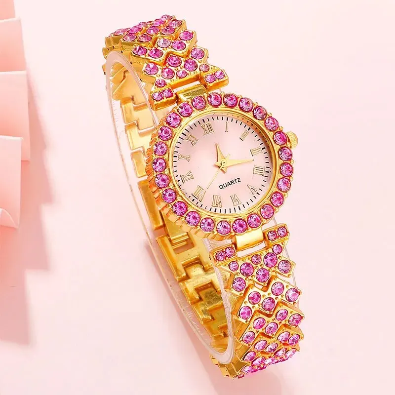 Women Luxury Watches Pink Quartz Wrist Watch Ladies Round Casual Simple Watch Ring Necklace Earring Rhinestone Set Female Clock