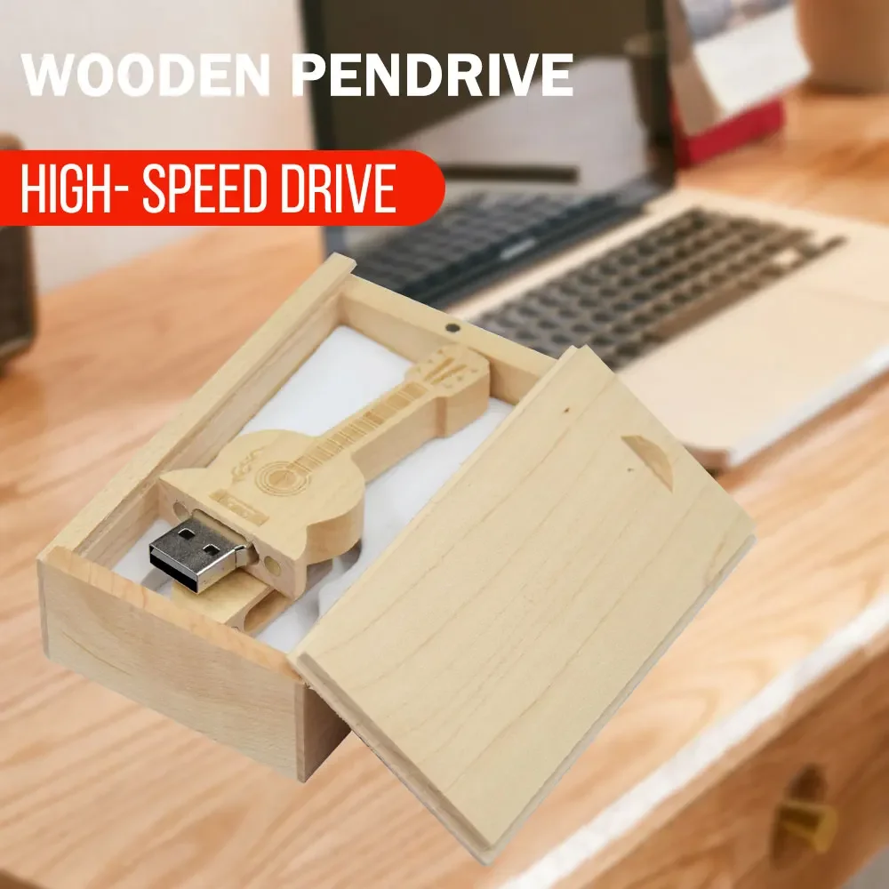 30pcs Free Custom Logo Pen drive Guitar shaped USB flash drive Wooden Box Memory Stick Music Pendrive Creative gift 64GB 128GB