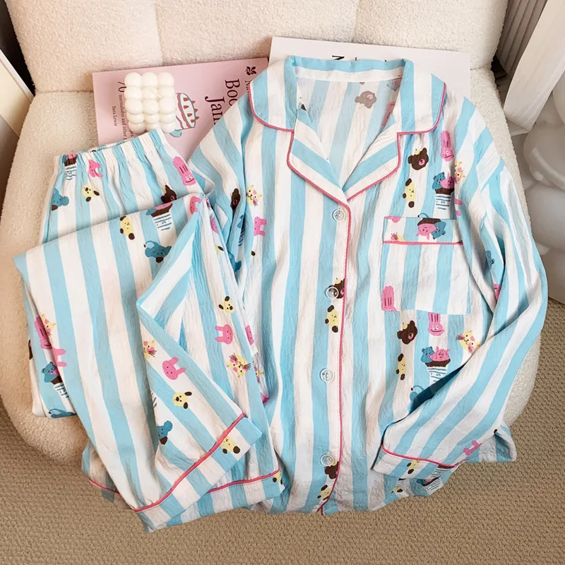 

Stripes Pajamas Women Long Sleeves Breathable Soft Student Loungewear Girl Autumn and Winter Small Dog and Bear Print Blue