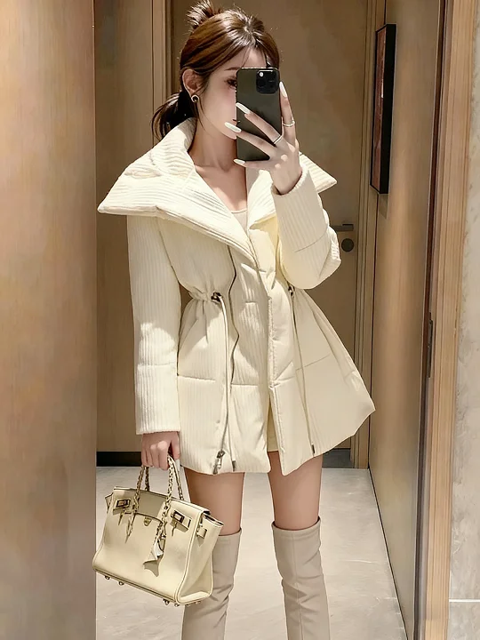 

Thiened White Cotton Jaet ort Quilted Warm Winter Outerwear Korean Sle Commute Loose Fit Long Sve Zipper Pure Color