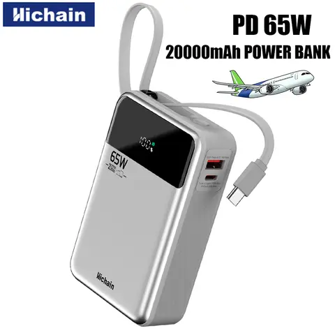 Hichain 20000mAh PD65W Power Bank do iPhone'a, laptopów i tabletów z wbudowanym kablem USB-C, 3-portowa szybka ładowarka do Huawei