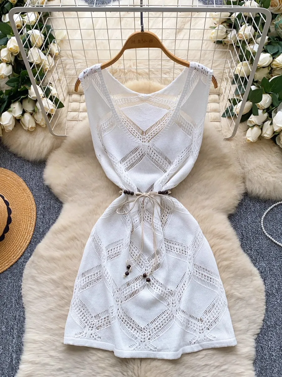 Foamlina coreano em camadas halter topo oco crochê vestido de malha conjunto de duas peças para as mulheres verão novo vestido de escritório vintage conjunto ol