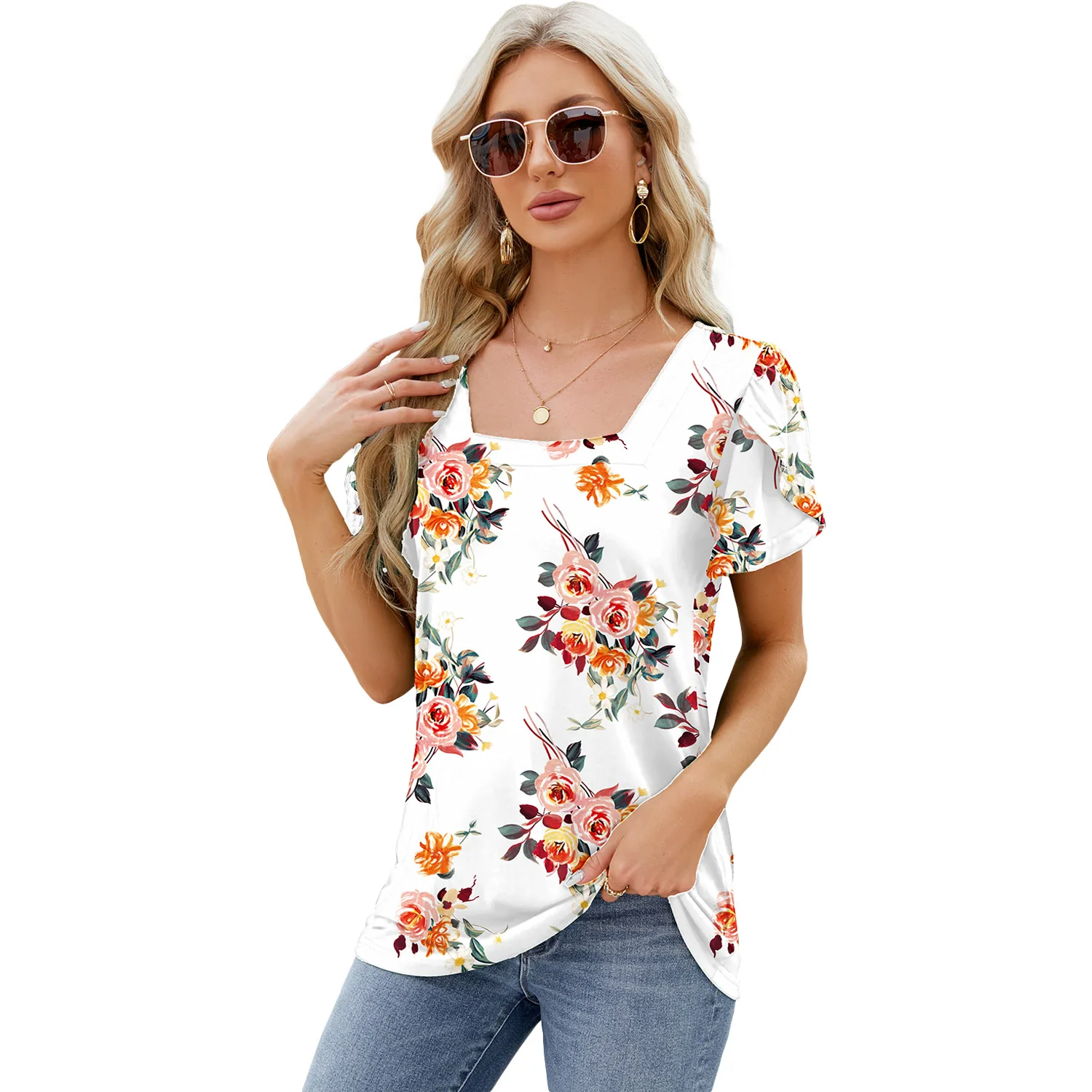 

Fashion Simple Square Collar Flower Sleeve Printed Loose T-shirt