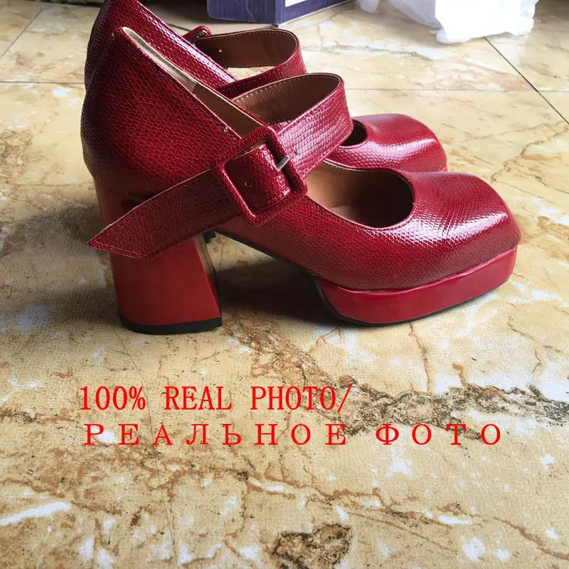 ORCHALISA nowy 2021 damskie czółenka kwadratowe Toe 9.5cm obcasy blokowe klamra ze skóry lakierowanej Vintage duży rozmiar 48. Casual czerwony