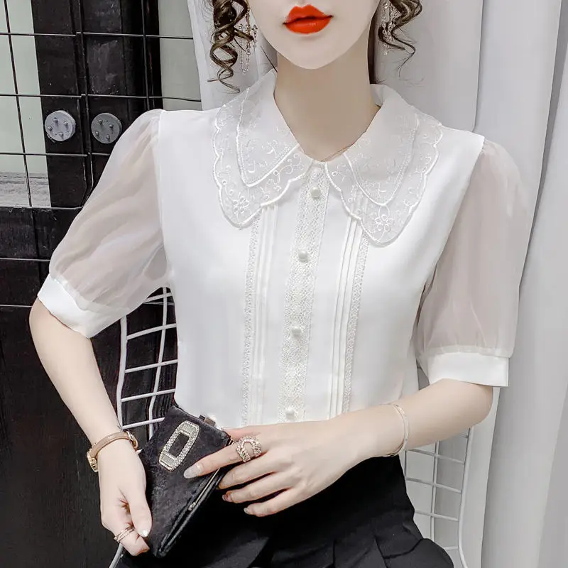 Chiffon Blouse New Doll Collar White Shirt Summer Short Sleeve Lace Cute Bottoming Shirt