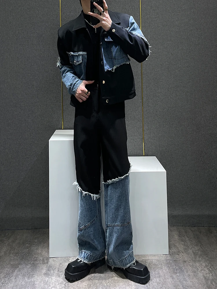 

American Retro Denim Patchwork Set Men's Ins Sle 2025 New Autumn High Street Versatile Casual Two-Piece Set for Young Men