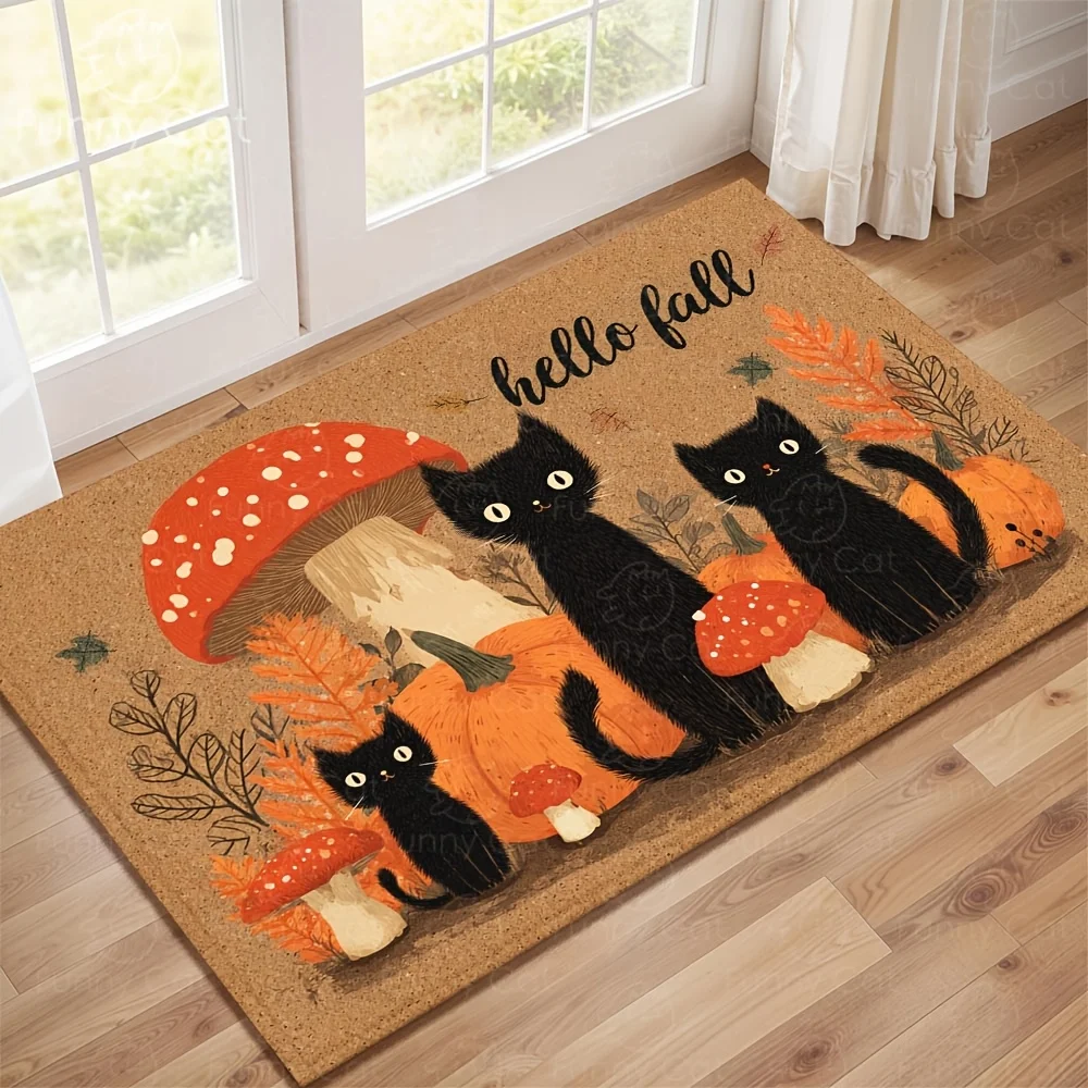 Autumn Black Cat Pumpkin Mushroom Hello Fall Flannel Doormat, Seasonal Cute Design Anti-Slip Absorbent Rug for Front Door &