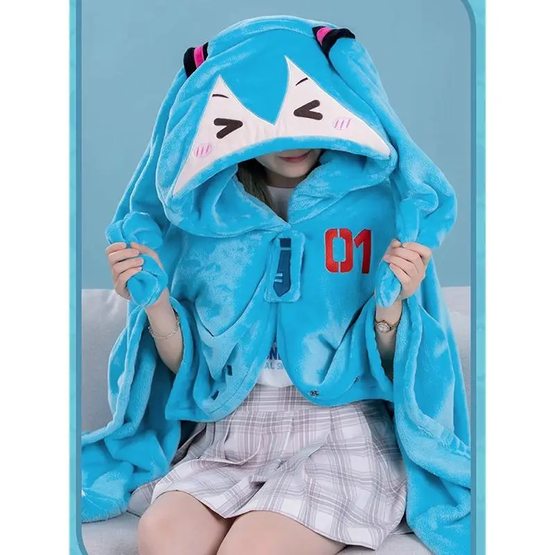 Hatsune Miku Cartoon Kawaii Multifunctional Car Warm Hooded Shawl Nap Blanket Air Conditioning Blanket Cute Soft Warm Cloak Gift