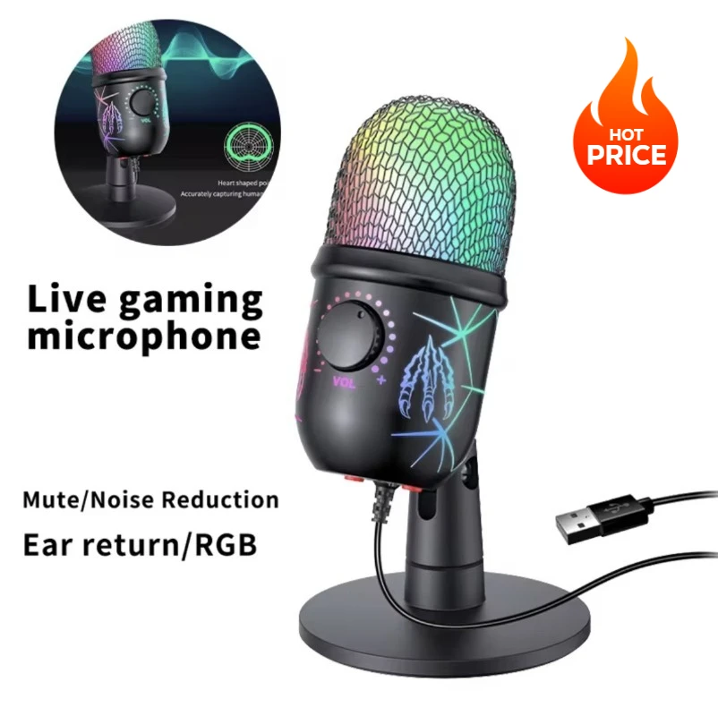 Micrófono de condensador RGB con luz de respiración, soporte de micrófono de escritorio para ordenador portátil, transmisión en vivo, videoconferencia, juegos en línea