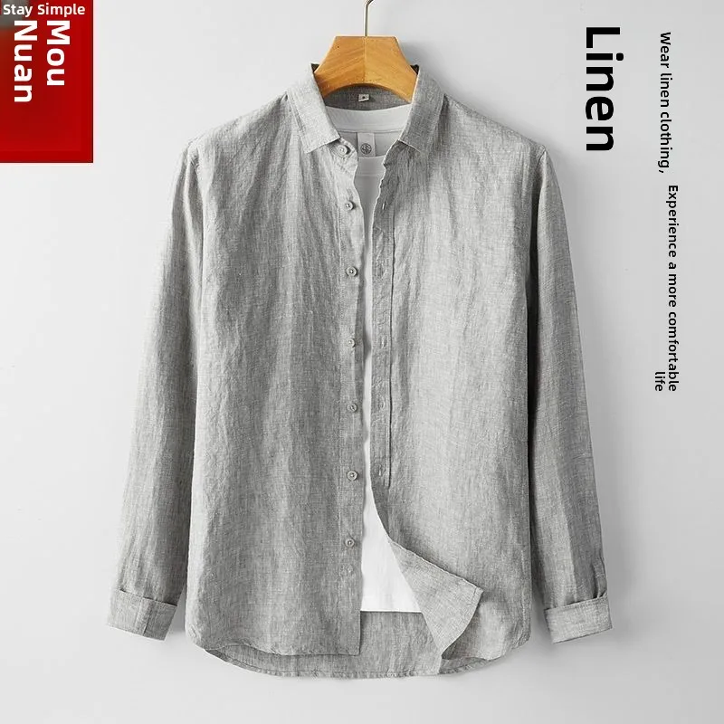 

Summer Men's Loose Fit Pure Linen White irt Thin Long Sve Casual irt Simple Top Sun Protection Faionable Stand Size