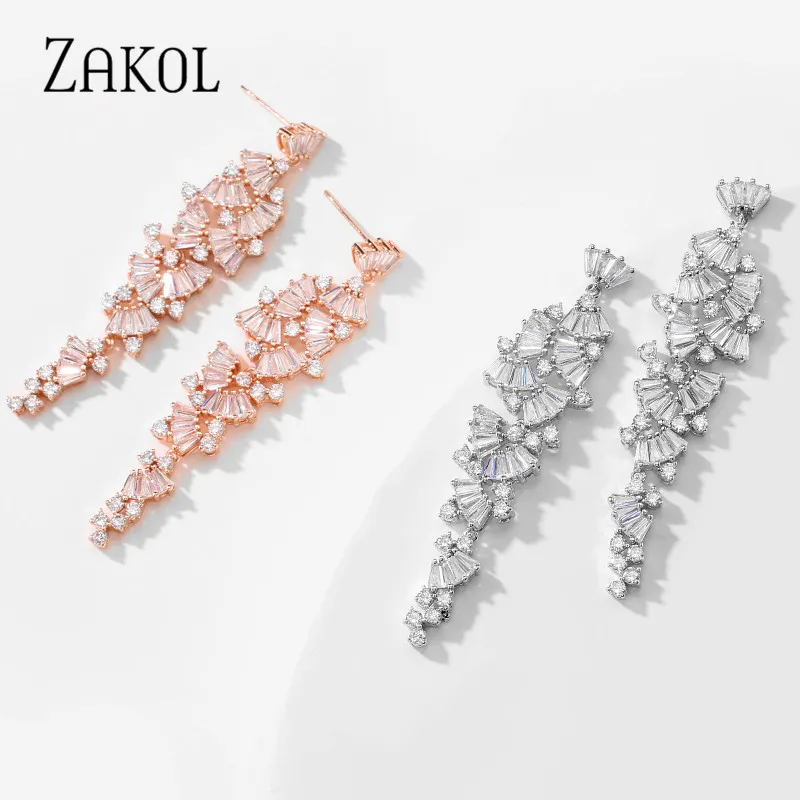 ZAKOL Luxury Gorgeous AAA Zirconia Crystal Sector Long Dangle Drop Earrings for Women Bridal Wedding Jewelry Gift