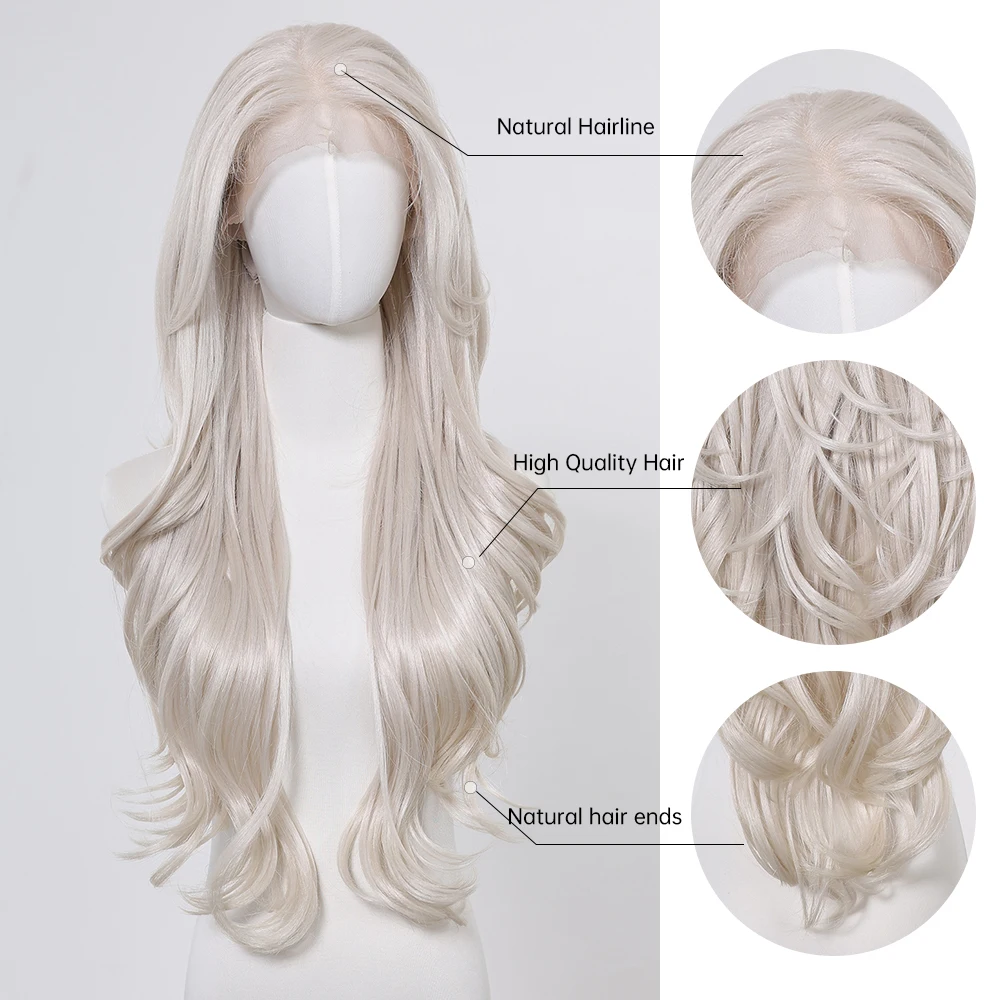 LOUIS FERRE 13*6 Lace Front Synthetic Wigs Long Curly Natural Layered Hair Silver White Wig For Women High Temperature Free Part