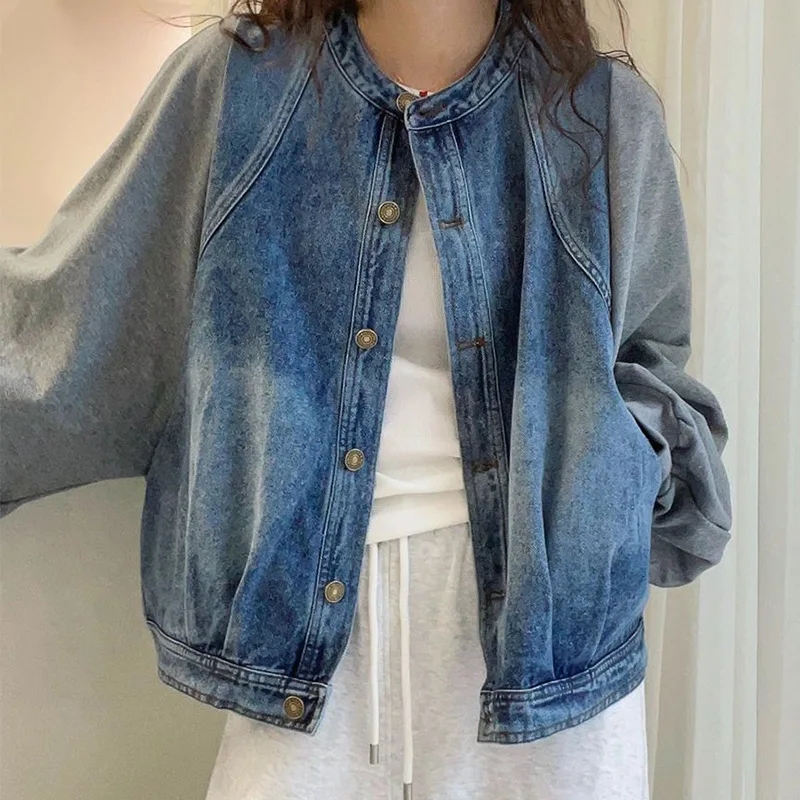 

Женская джинсовая куртка с нашивками, свободный крой, круглый вырез, модный джинсовый жакет, весна-осень 2026, новый стиль, однобортная, из ткани