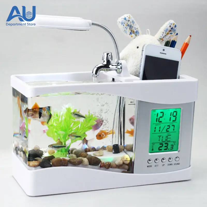 Desktop Mini Aquarium Fish Tank 1400ML Turtle Tank USB Fish Tank Plastic Goldfish Bowl Gift
