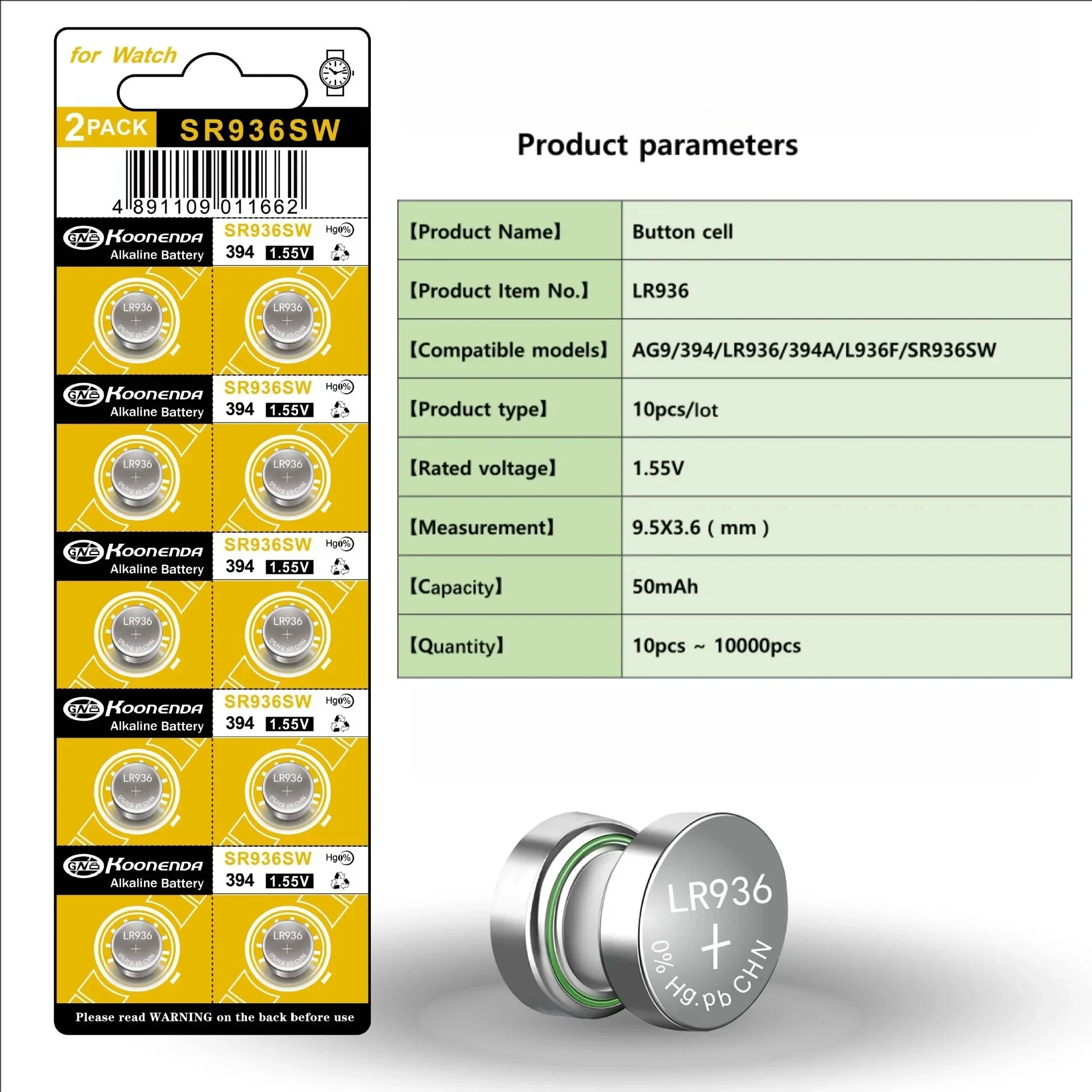 Batería de botón remota para reloj de monedas, 2 piezas-50 piezas, 1,55 V, AG9, LR936, 394, SR936SW, CX194, LR45, G9A, 194, 394A, SR936, L936F