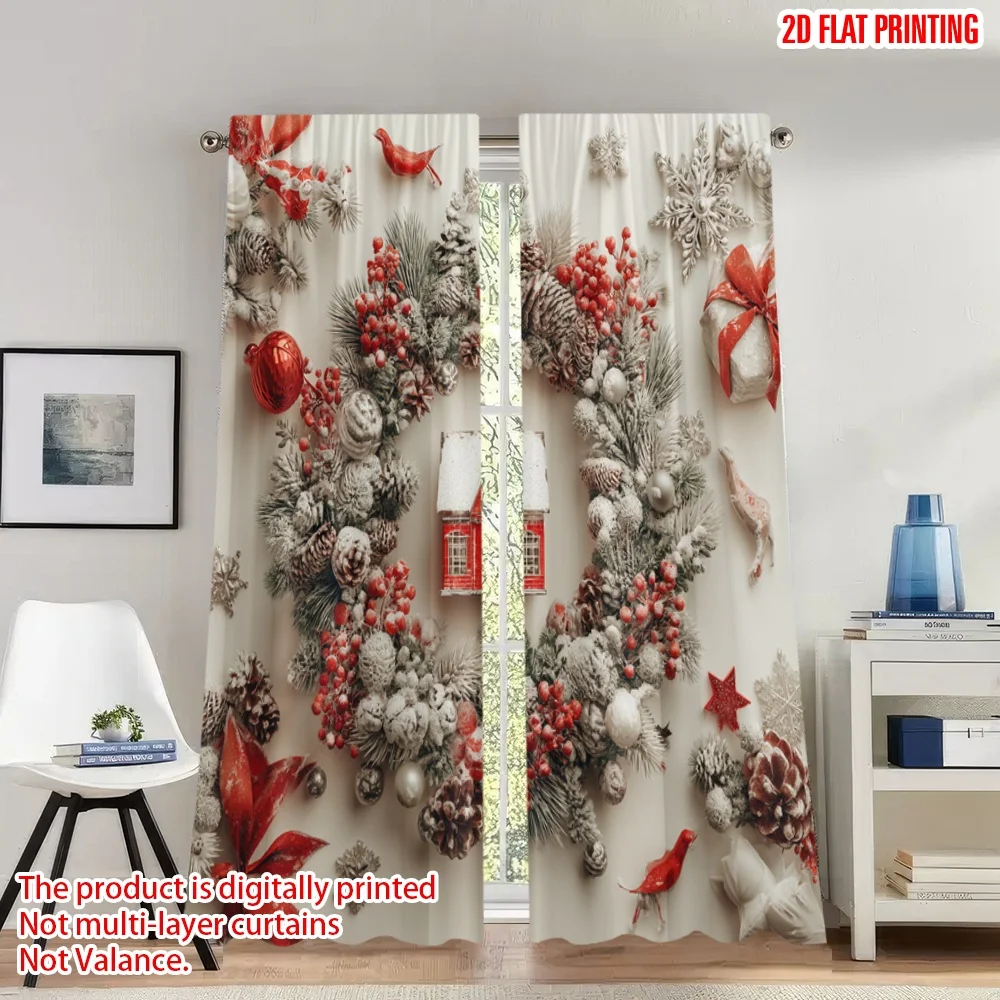 

2pcs 2D flat printing Happy Christmas fashion curtains Christmas House Red Ribbon Fir Digital Printed Polyester Drapes Festive