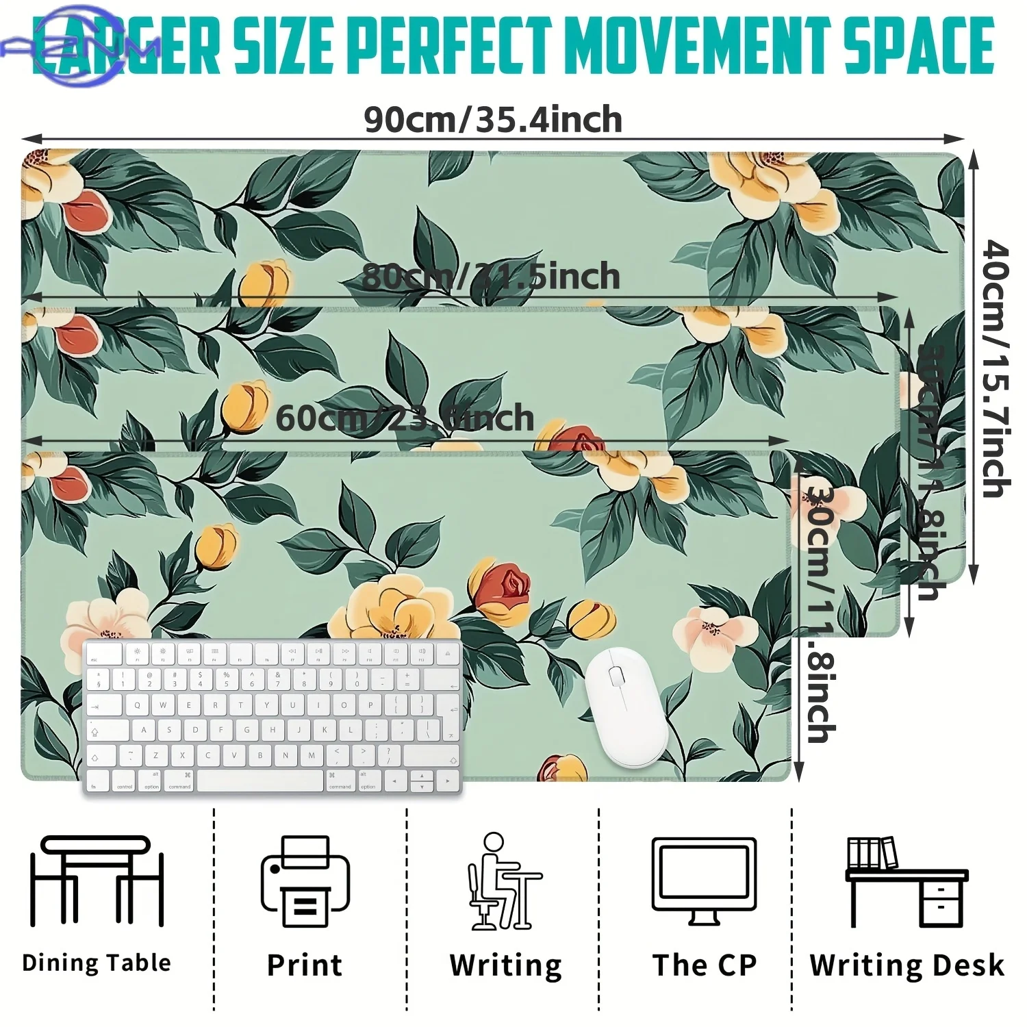 Large Non-Slip Desk Mat with Delicate Yellow Flower Motif - Mint Green Gaming Mouse Pad & Office Keyboard Mat, Durable Computer