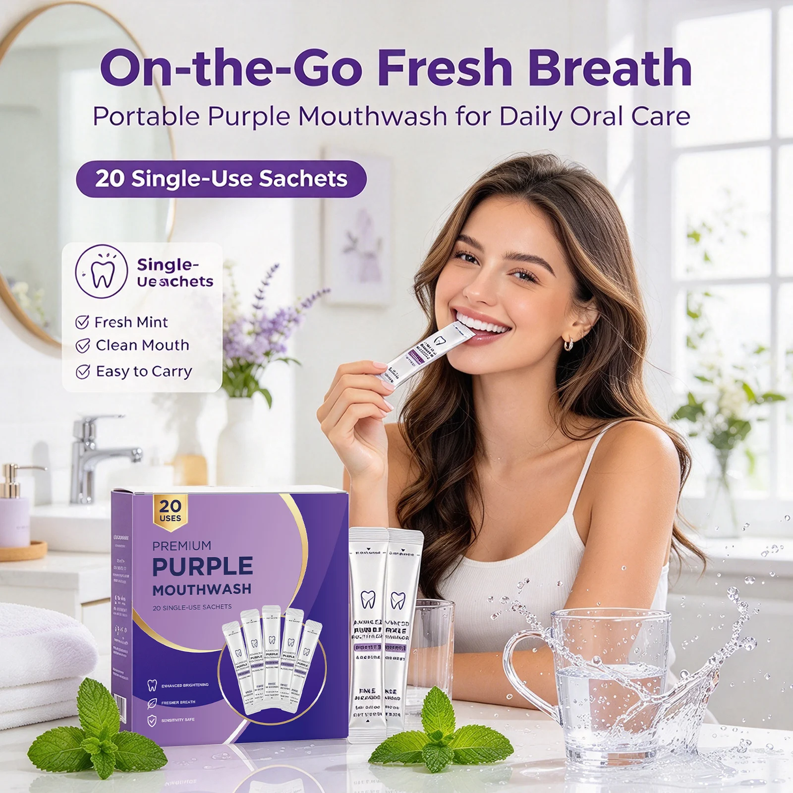 Mint Mouthwash Improving Bad Breath Teeth Whitening Color Correcting Supports Gum Health Purple Disposable Mouthwash Oral Care