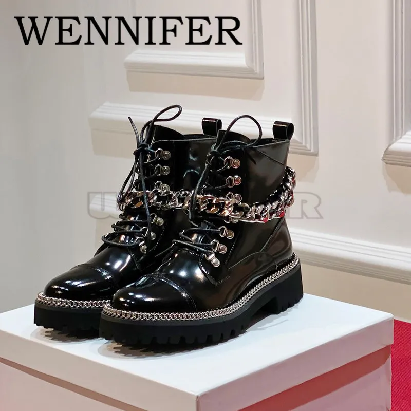 Knitting Pull-on Chunky Block Heel Knight Boots Round Toe Metal Chain Patent Leather Boots Ladies Leisure Rock Punk Ankle Botas