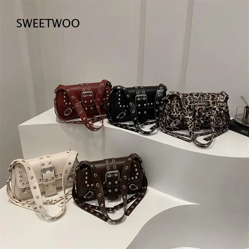 Y2K Punk Rivet Moto Mini Shoulder Bag Multi Strap Buckle Design Hot Girl Style Leopard Solid Crossbody Hobo Bag