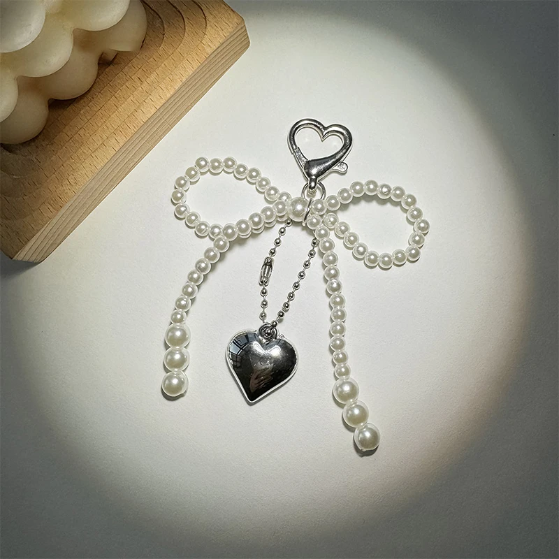 Handmade Pearl Bow Shaped Pendant Keyring Delicate Beaded Key Chain Heart Keychain Ornament Pearl Decoration For Bags Phones image 6