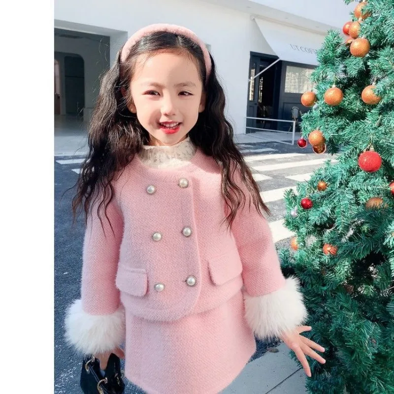 Girls' Woolen Set Autumn and Winter New Style Children's Mink Fur Thickened Coat+Half Skirt Fashionable Two-piece Set