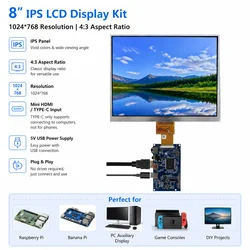 8 Inch 1024*768 IPS 4:3 Portable LCD Display Screen Universal DIY Type-c HDMI Driver Control Board Raspberry Pi PC Monitor