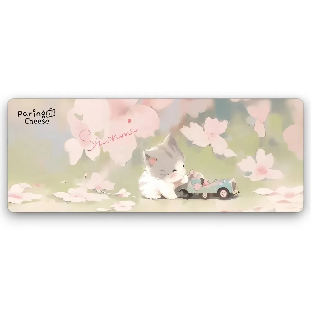 Spring cherry blossom cute tabby cat mouse pad, healing watercolor wind oversized table mat, non-slip office game mat