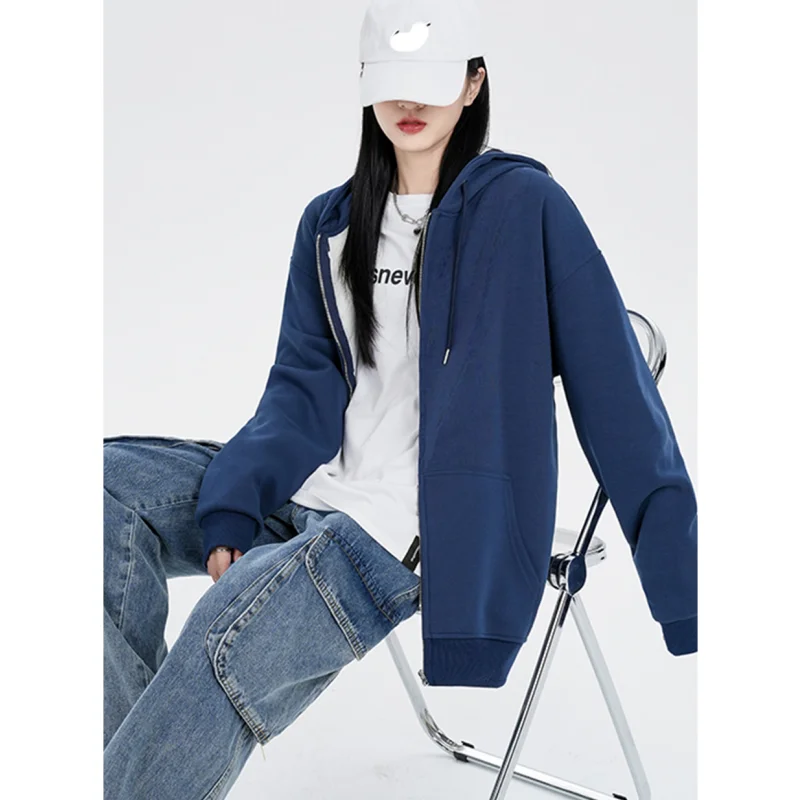 Sweatshirt Dark Blue Women Coat Cardigan Vintage Solid Streetwear Jacket Long Sleeve Fashion Casual Y2K Style Winter Female Tops