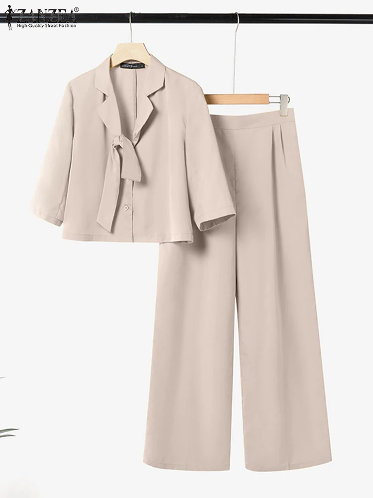 

ZANZEA Women Long Pants Sets 2025 Office Lady Suits Outfits Elegant Button Lace-up Lapel Neck Shirts Casual Pleated Ses 2PCS