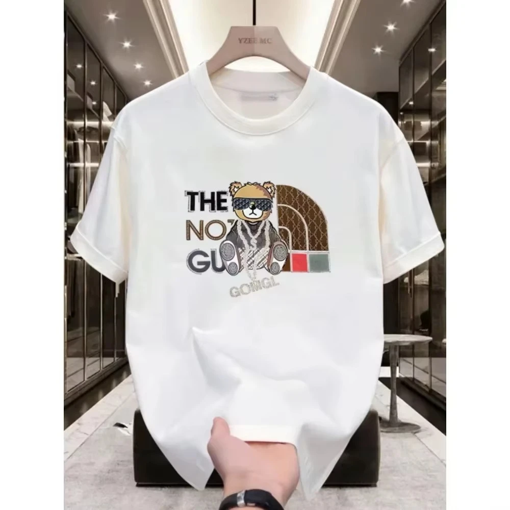 2026 Spring and Summer Bear Print Pure Cotton Korean Casual All-round Collar Short-sleeved Fashion Trend Tee Luxury T-shirt Ins