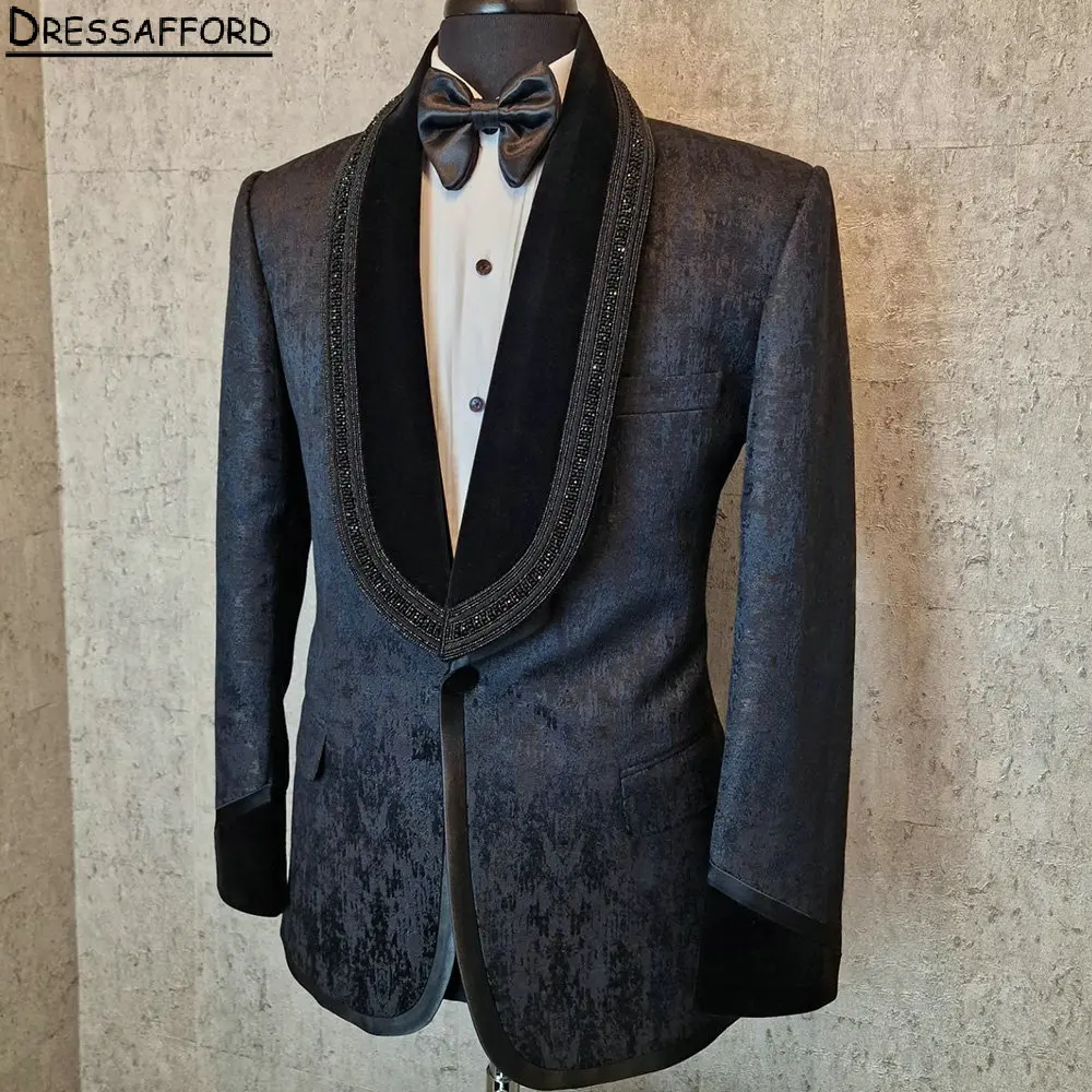 

Black Beading Pearls Men Suits Two Pieces Jacquard Weave Evening Party Blazer Groom Wear ( Jacket + Pants )