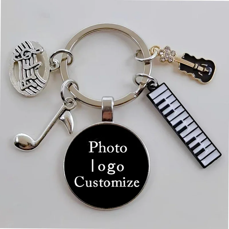 New piano note pendant glass convex round Keychain piano keyboard glass shrapnel DIY Keychain gift pendant