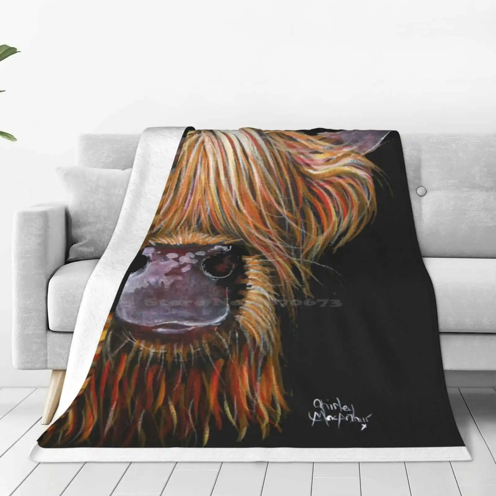 Scottish Hairy Highland Cow 'Henry' By Shirley Macarthur New Print Novelty Fashion Soft Warm Blanket Country Animal Snort Oink