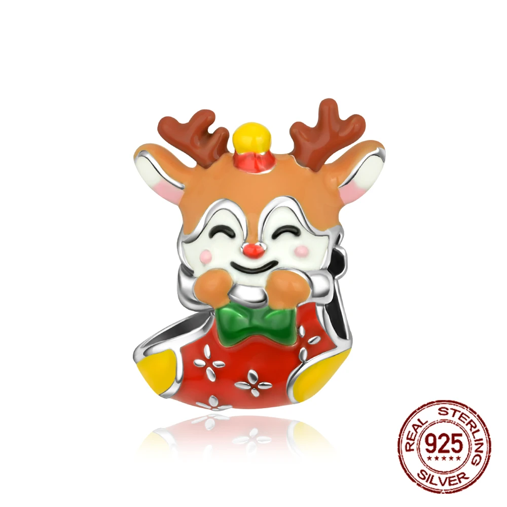 

925 Sterling Silver Cute Christmas Stocking Reindeer Beads Charm Fit Original Charm Bracelets Women DIY Jewelry Gift