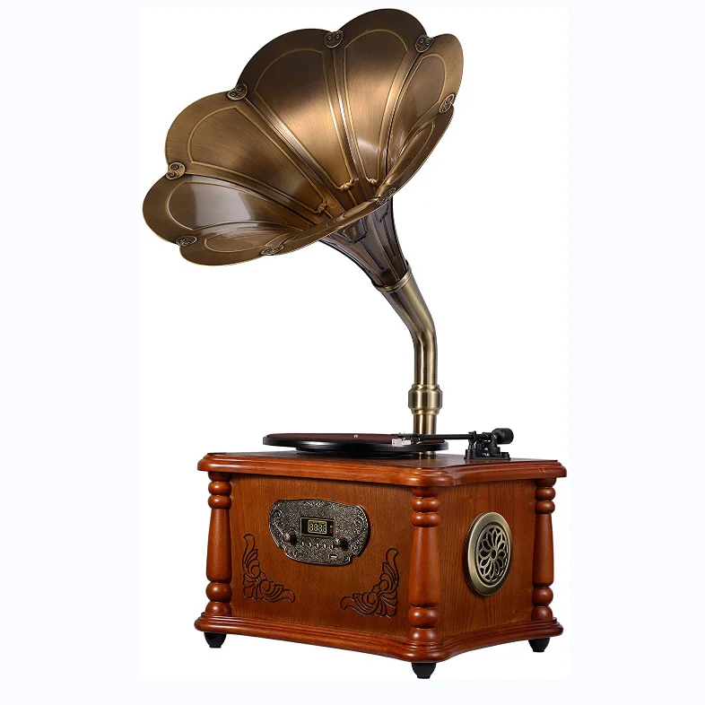 Brown Vintage Classic Home Decoration Retro Antique Gramophone Phonograph Turntable Vinyl Record Player Stereo Speakers System
