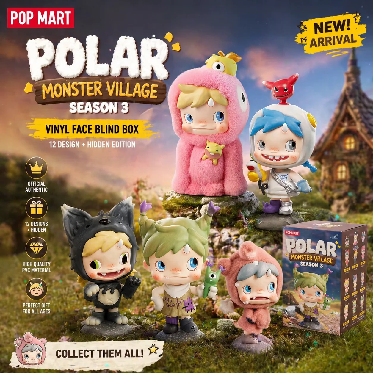 

POPMART POLAR Season 3 Monster Village Blind Box Collectible Figurines Desktop Toys Gift for Kids Adults 12 PCS + Hidden Edition