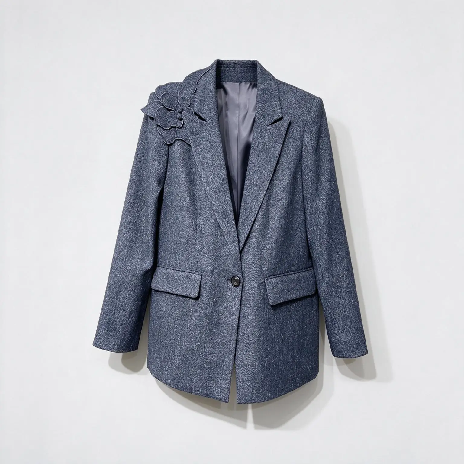 Women Elegant Herringbone Textured Blazer 3D Floral Applique Shoulder Office Jacket