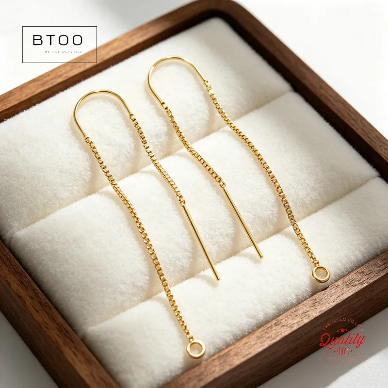 14K Gold Filled Ear Threader 1 Pair U-Threader Box Chain Drop W/Ring Gold Ear Wire for Jewelry Making