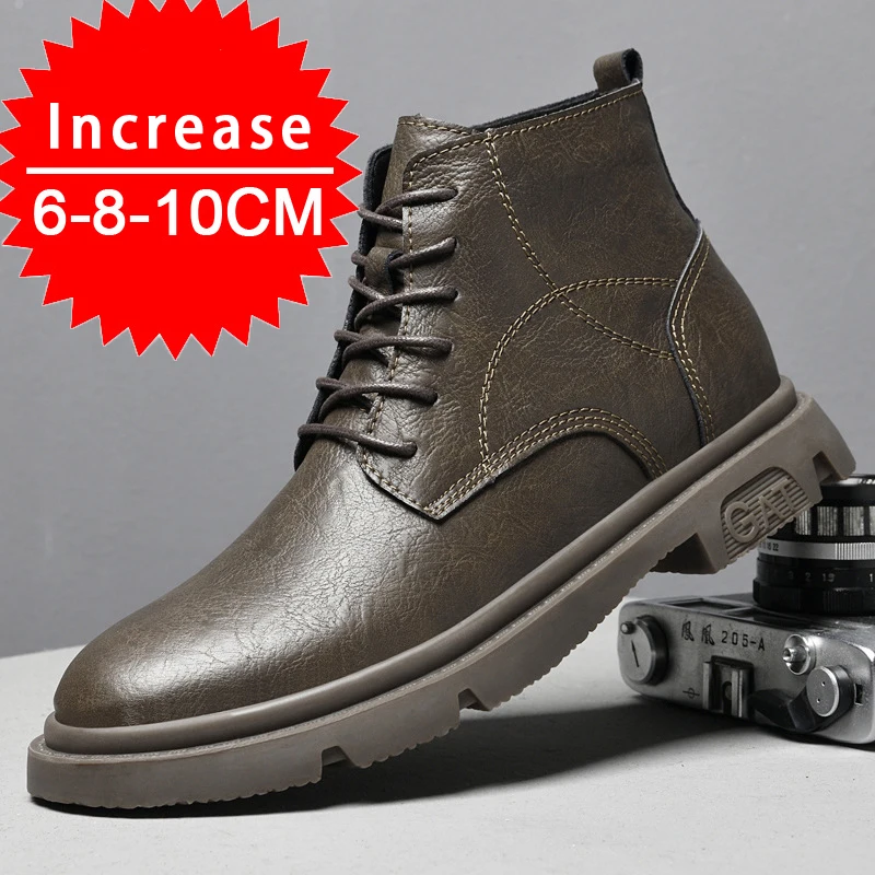 Men Boots Elevator Shoes Invisible Heels 8CM 6CM Height Increasing Shoes Man Fashion Leather Ankle Boots Male Moccasins Taller