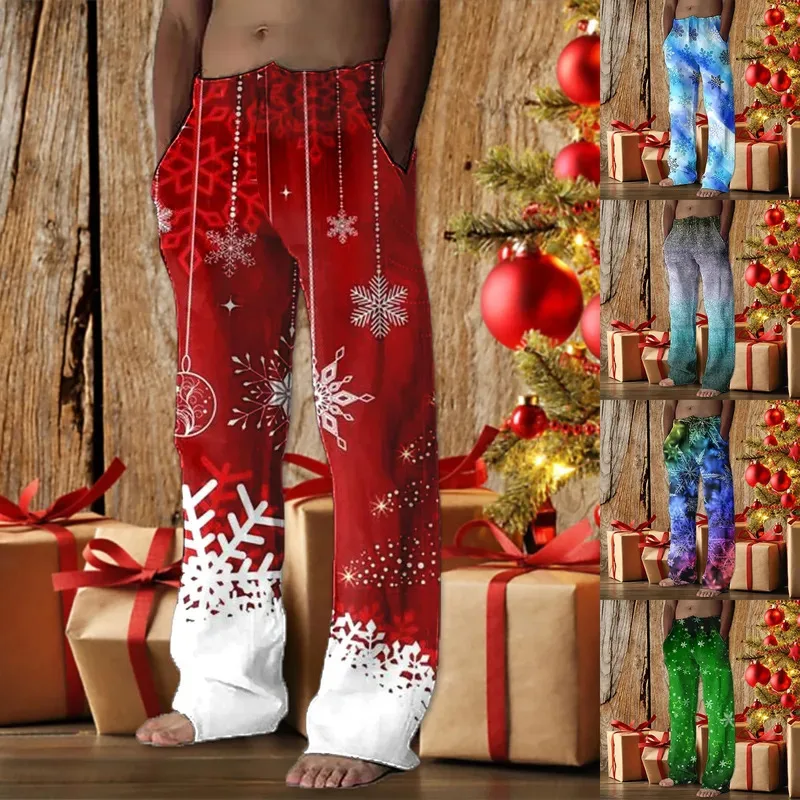 

Mens Christmas Casual Pants 2024 Festive Special Tie Dye Layered Snowflake Printed Home Bottom Holiday Popular Long Pantalones