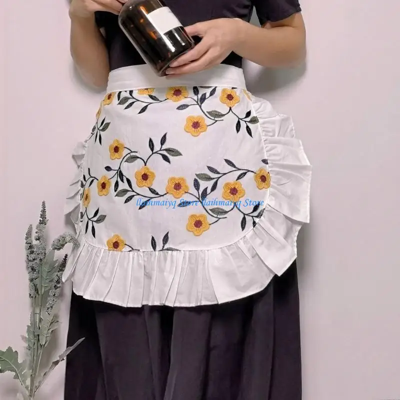 

573B Ruffle Server Apron Embroidery Bistro Half Aprons Waiter Waitress Chefs Apron