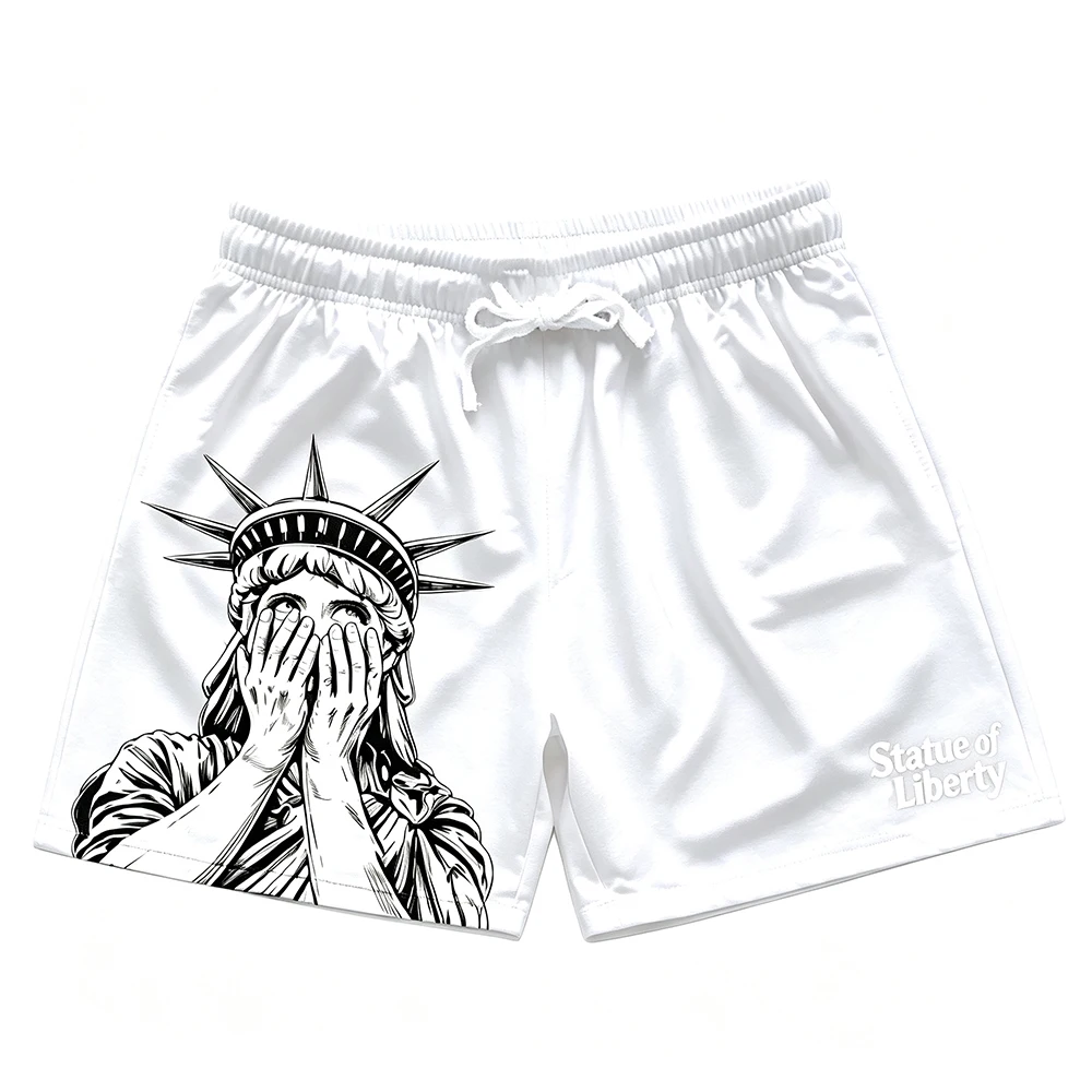 Free men's summer comfortable breathable drawstring shorts, outdoor casual shorts, Statue of Liberty print