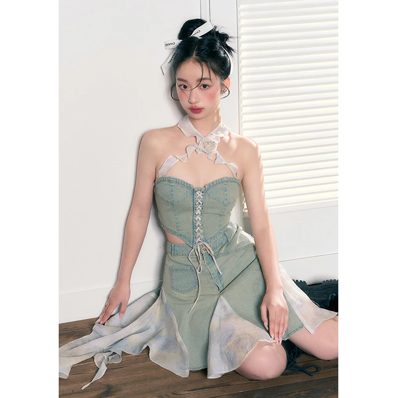 

Retro Distred Denim Set with Bowtie Flower Crop Top And f Skirt Two Piece Set Original Design by P STUDIO