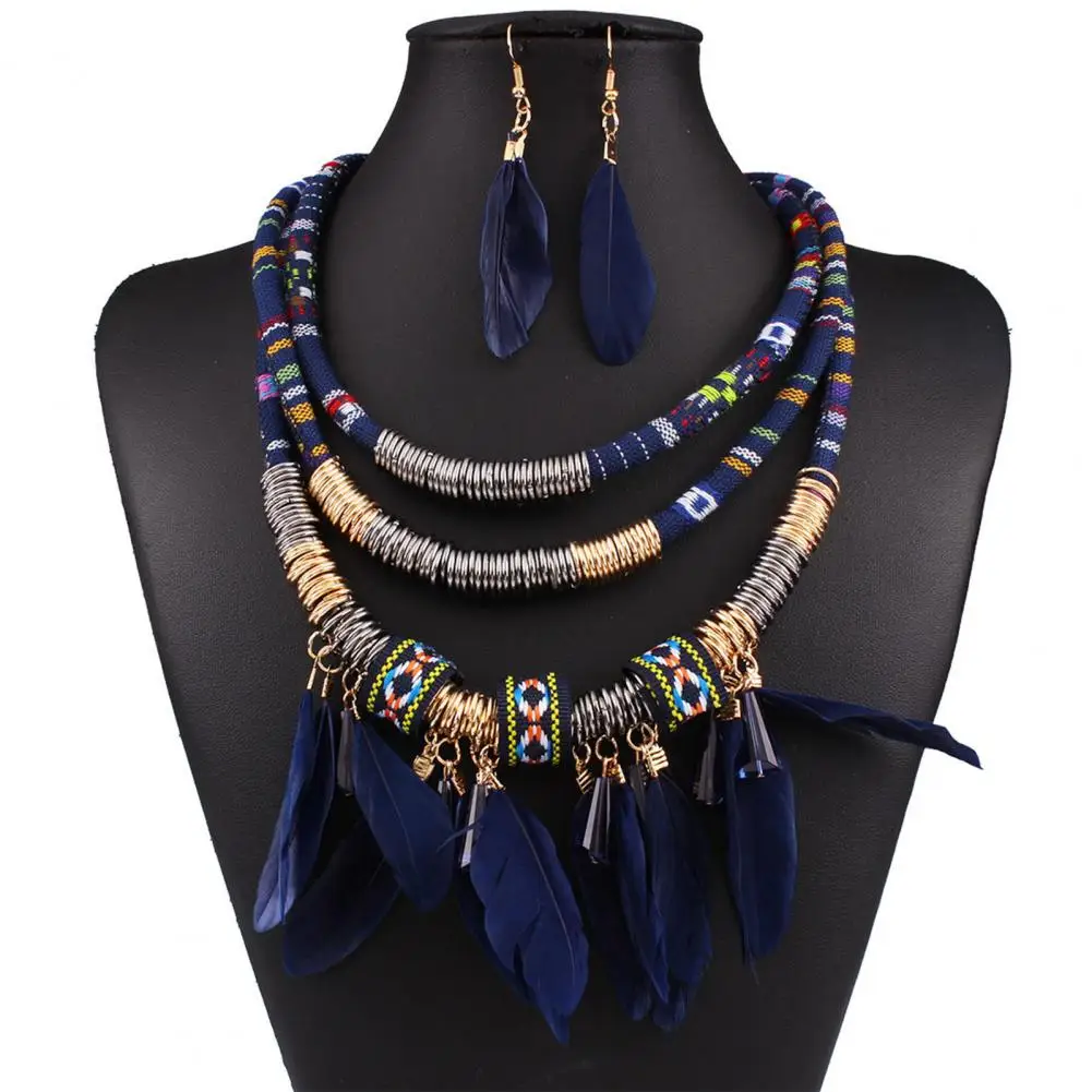 Ethnic Jewelry Set Classic Feather Tassel Necklace Earrings Set Exaggerated Unique Necklace Earrings Set for Daily Life