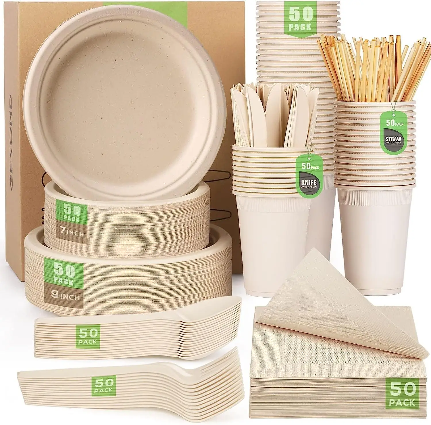 Gezond 400Pcs Compostable Paper Plates Set Eco-Friendly Heavy-Duty Disposable Paper Plates Cutlery Includes Biodegradable