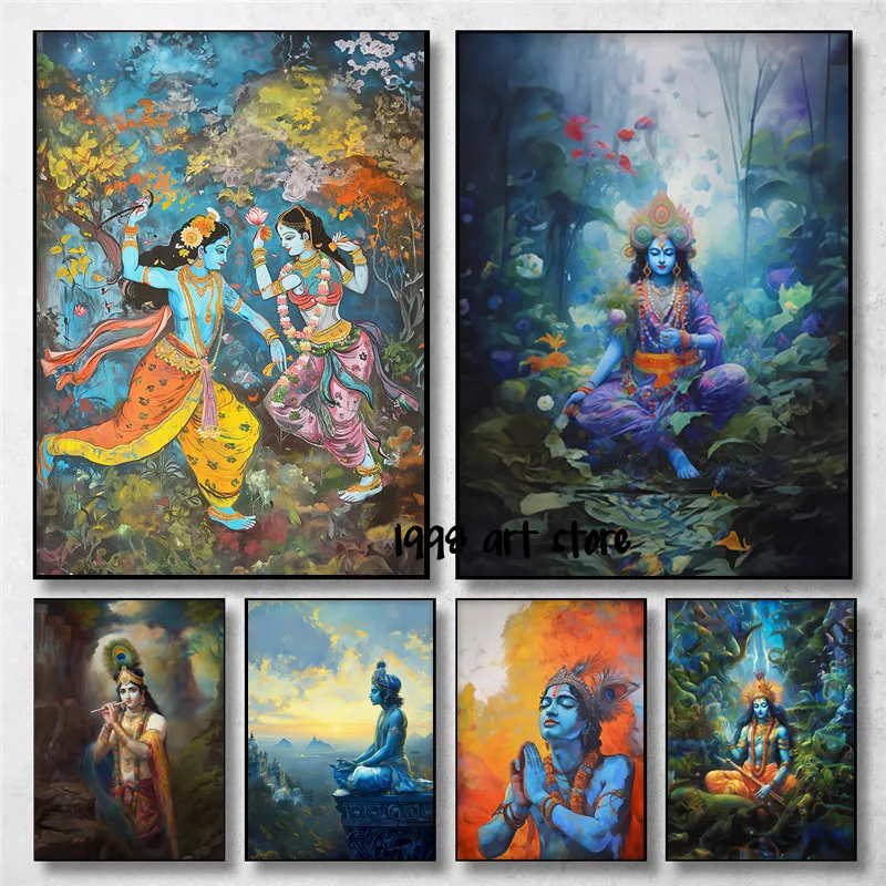 Krishna Radha Ras Leela Hindu Indian Hinduism Meditation Yoga Art Poster Canvas Painting Wall Print Picture for Room Home Decor